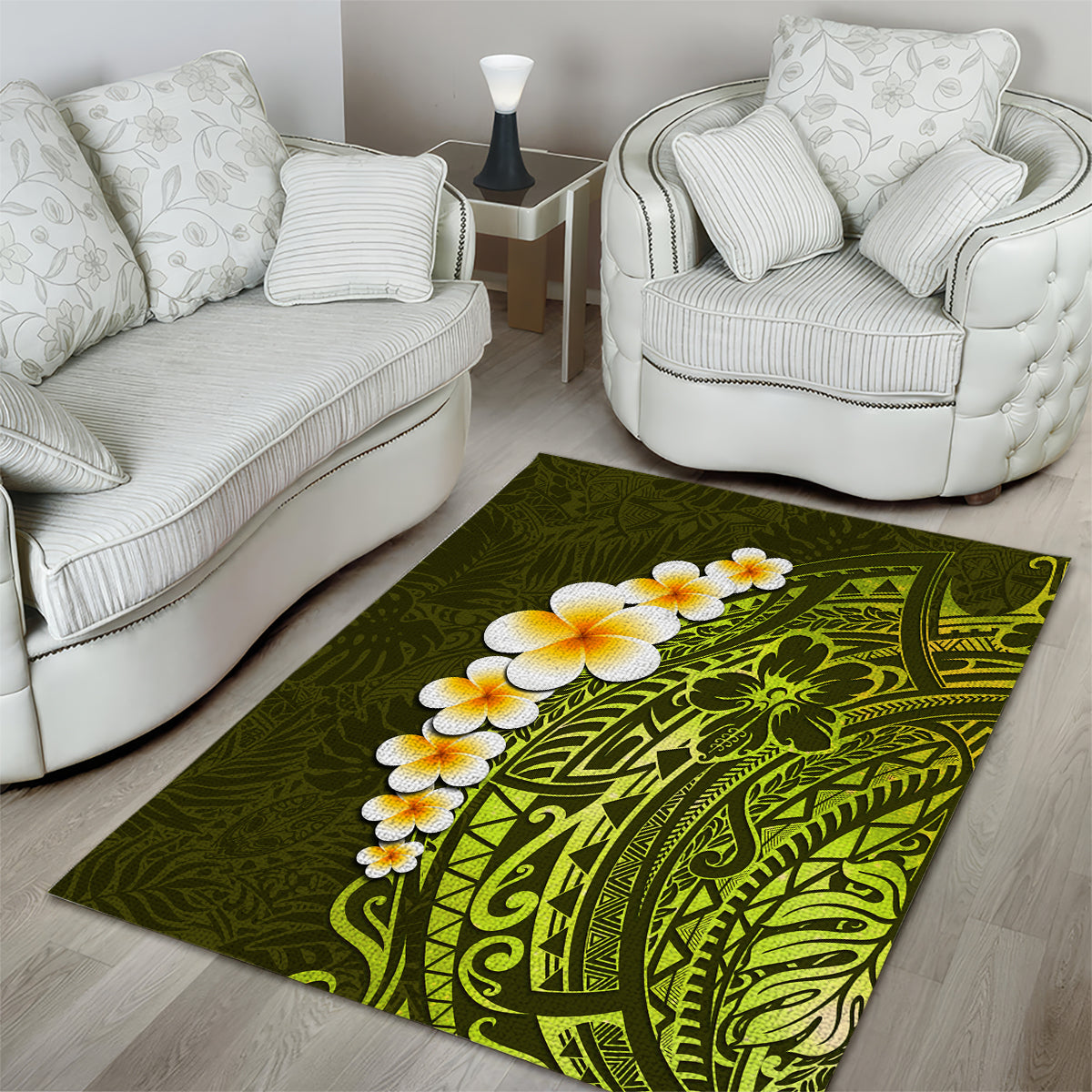 Lime Green Tropical Plumeria With Galaxy Polynesian Art Area Rug - Wonder Print Shop