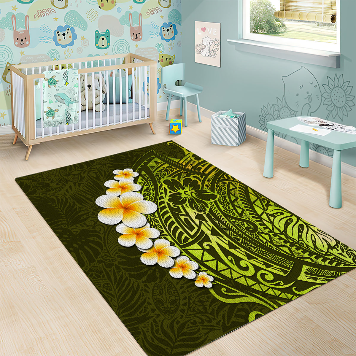 Lime Green Tropical Plumeria With Galaxy Polynesian Art Area Rug - Wonder Print Shop