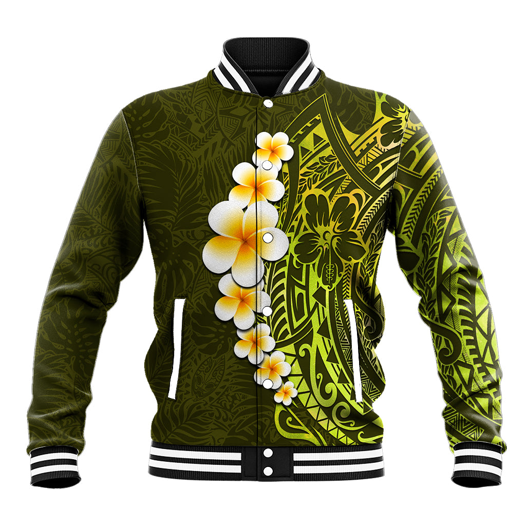 Lime Green Tropical Plumeria With Galaxy Polynesian Art Baseball Jacket - Wonder Print Shop