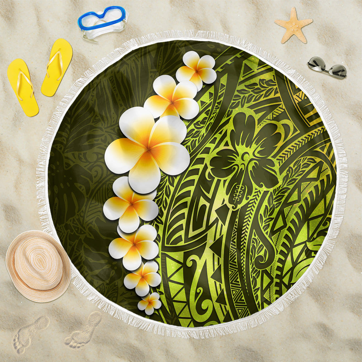 Lime Green Tropical Plumeria With Galaxy Polynesian Art Beach Blanket - Wonder Print Shop