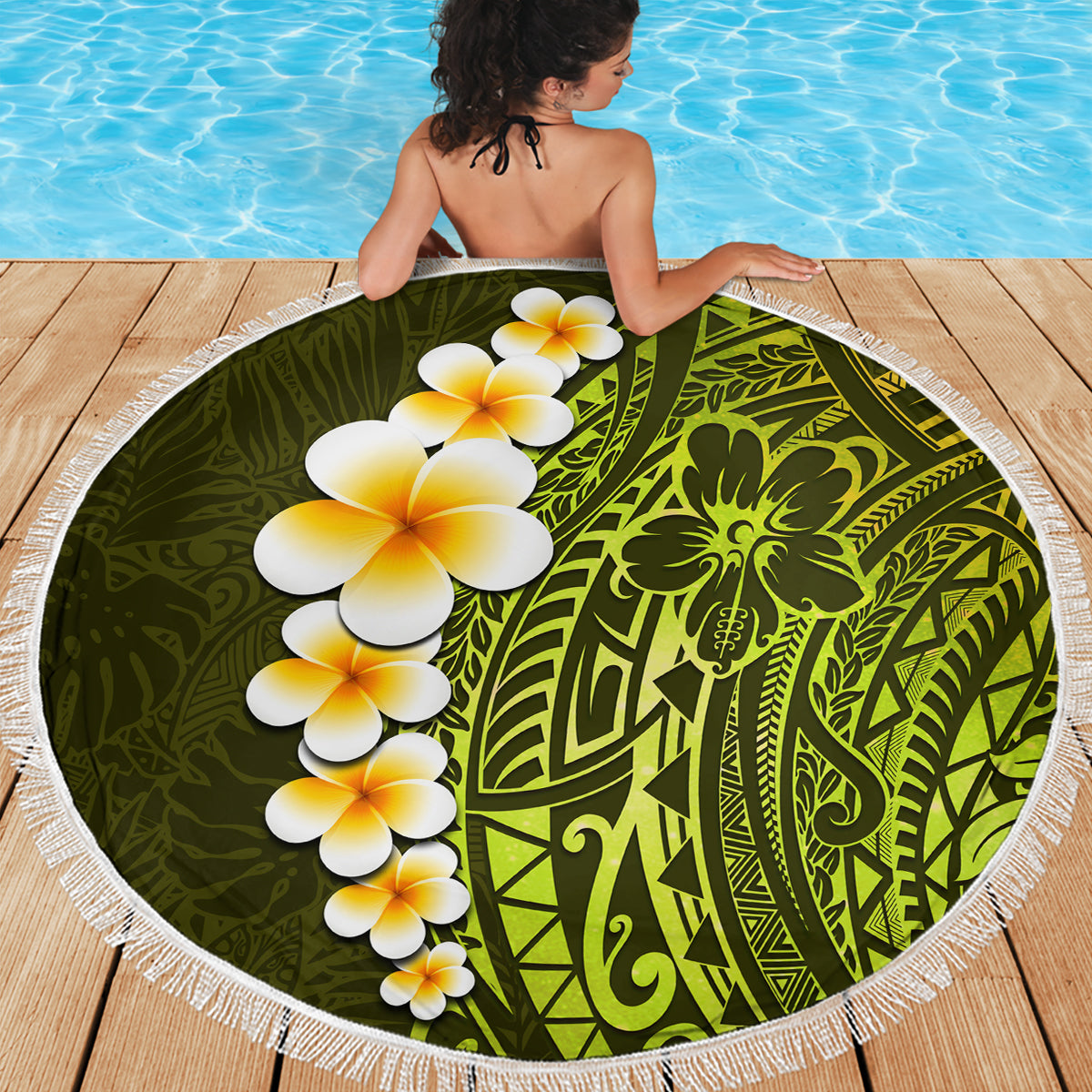 Lime Green Tropical Plumeria With Galaxy Polynesian Art Beach Blanket - Wonder Print Shop