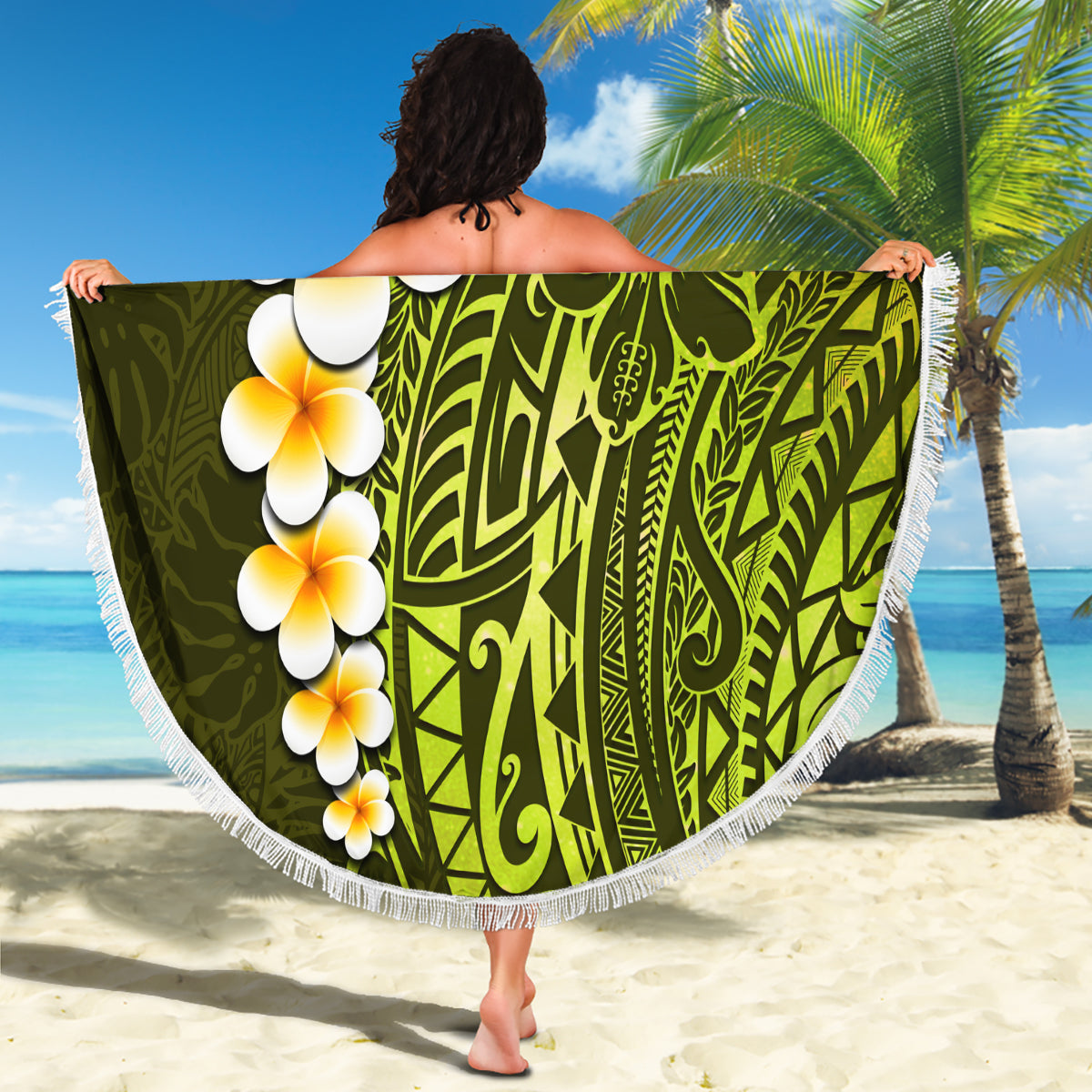 Lime Green Tropical Plumeria With Galaxy Polynesian Art Beach Blanket - Wonder Print Shop