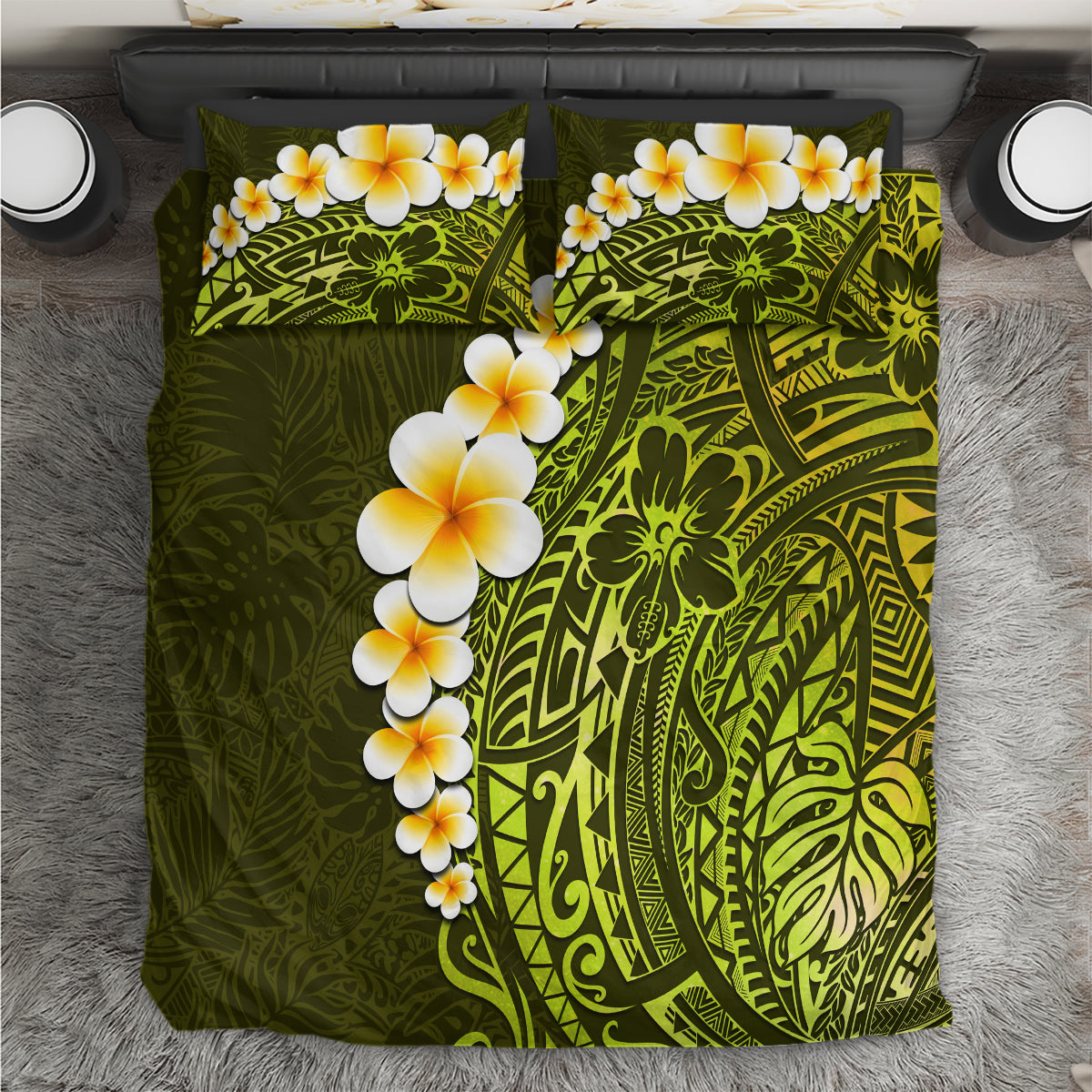 Lime Green Tropical Plumeria With Galaxy Polynesian Art Bedding Set - Wonder Print Shop