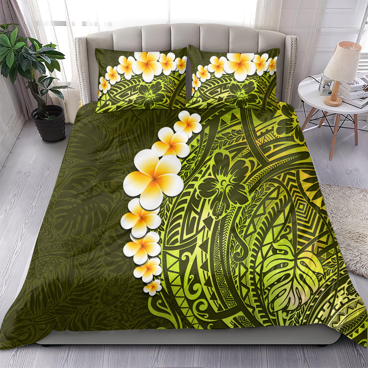 Lime Green Tropical Plumeria With Galaxy Polynesian Art Bedding Set - Wonder Print Shop