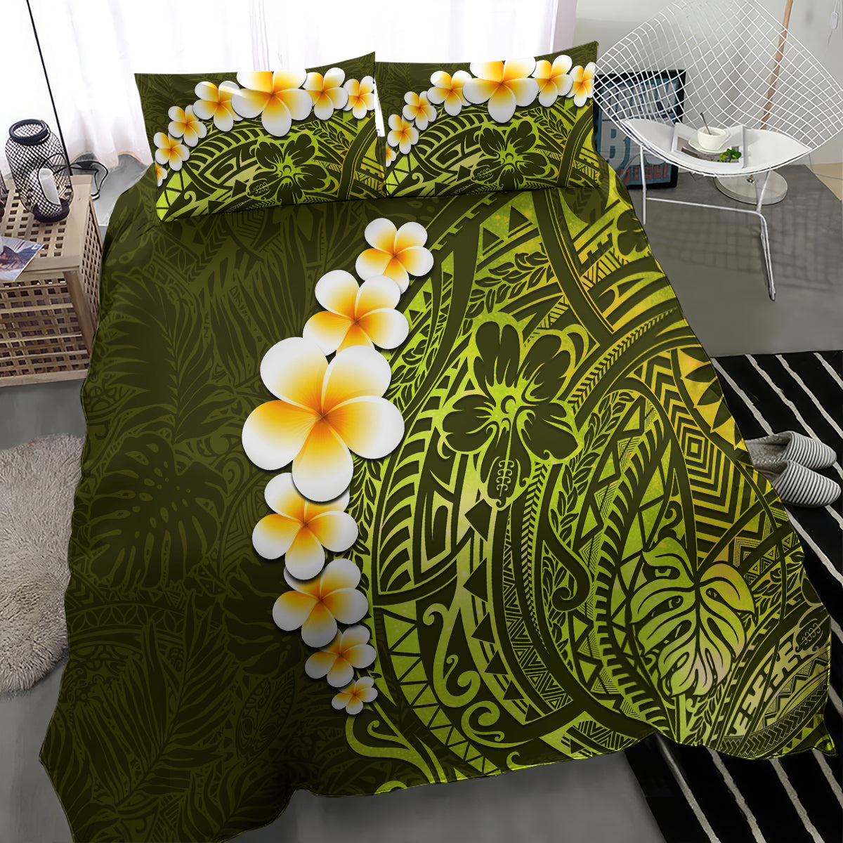 Lime Green Tropical Plumeria With Galaxy Polynesian Art Bedding Set - Wonder Print Shop