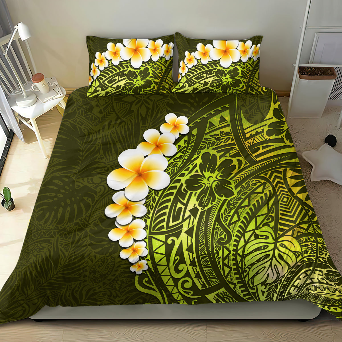 Lime Green Tropical Plumeria With Galaxy Polynesian Art Bedding Set - Wonder Print Shop