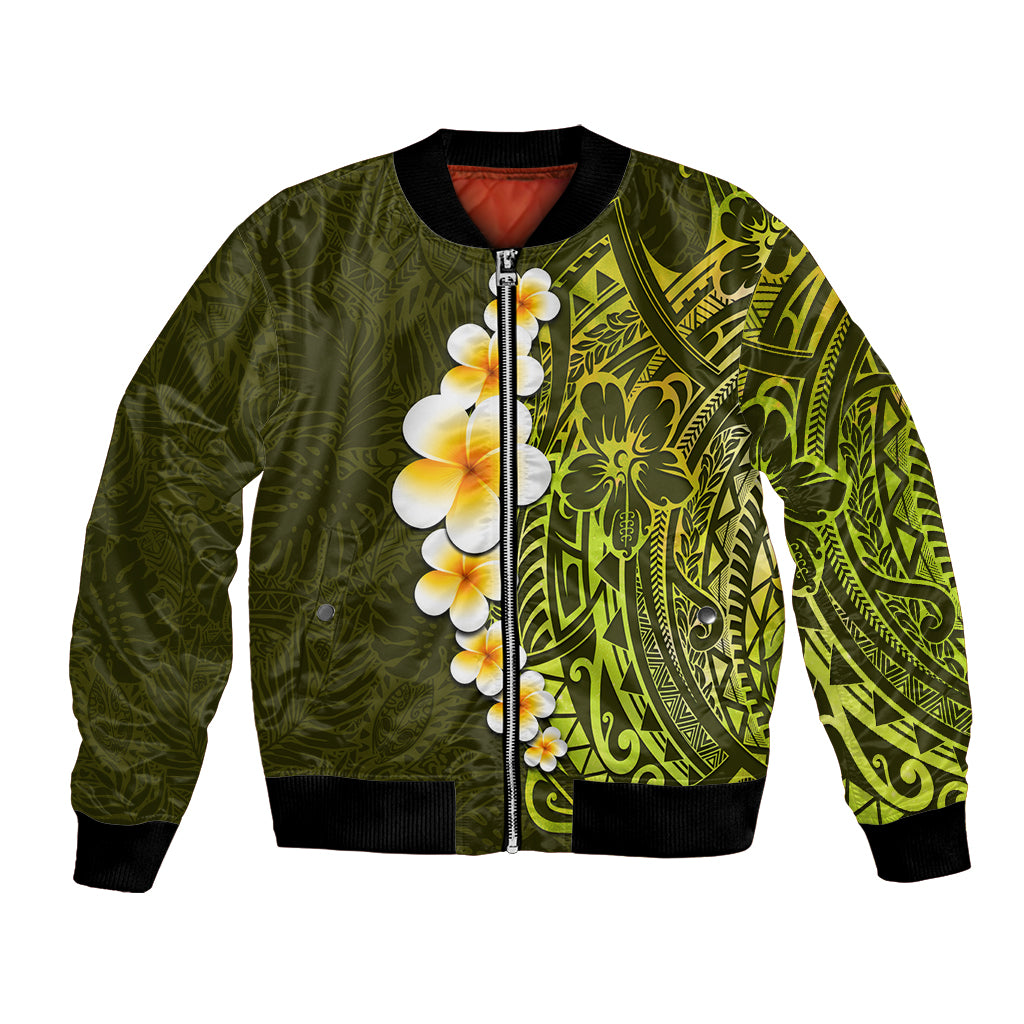 Lime Green Tropical Plumeria With Galaxy Polynesian Art Bomber Jacket - Wonder Print Shop