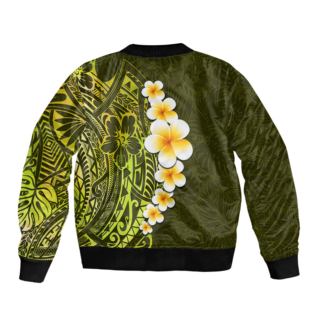 Lime Green Tropical Plumeria With Galaxy Polynesian Art Bomber Jacket - Wonder Print Shop