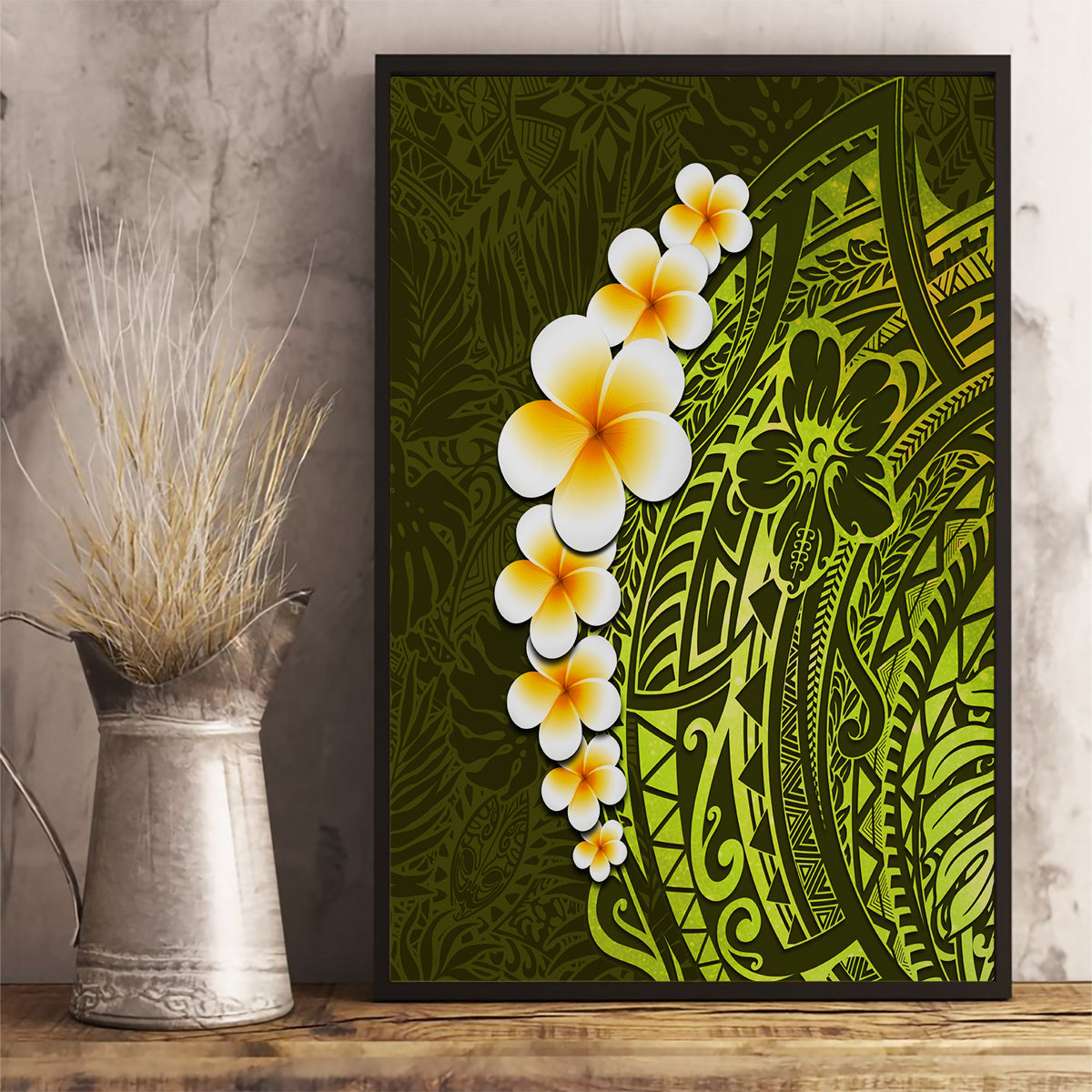 Lime Green Tropical Plumeria With Galaxy Polynesian Art Canvas Wall Art - Wonder Print Shop