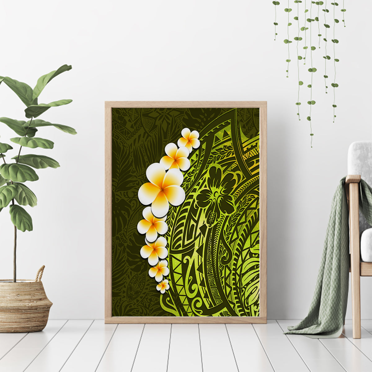 Lime Green Tropical Plumeria With Galaxy Polynesian Art Canvas Wall Art - Wonder Print Shop
