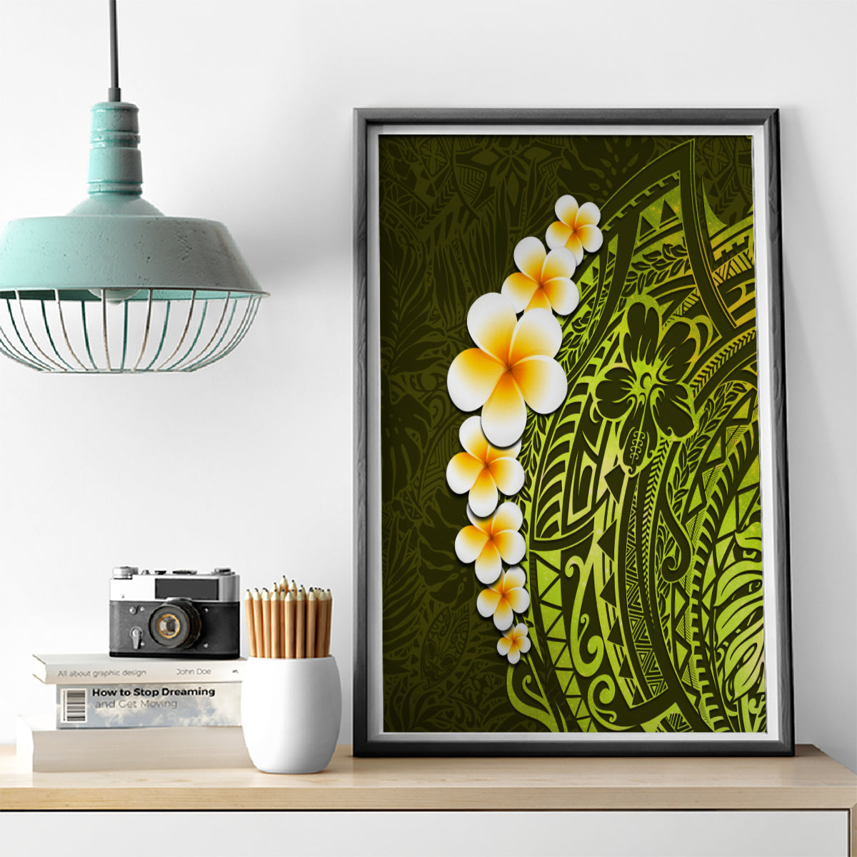 Lime Green Tropical Plumeria With Galaxy Polynesian Art Canvas Wall Art - Wonder Print Shop