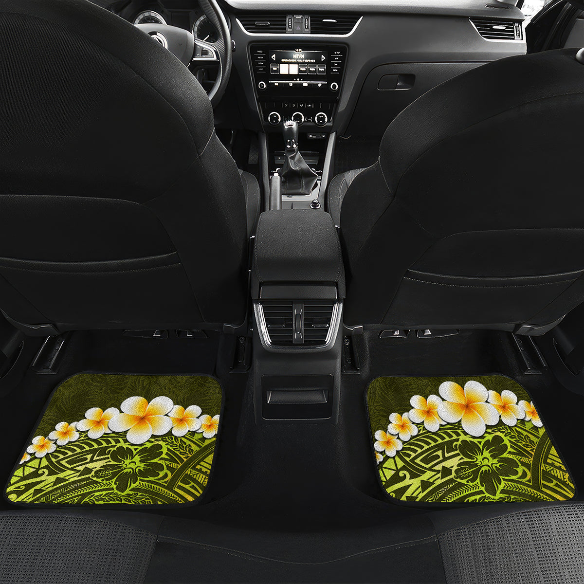 Lime Green Tropical Plumeria With Galaxy Polynesian Art Car Mats - Wonder Print Shop