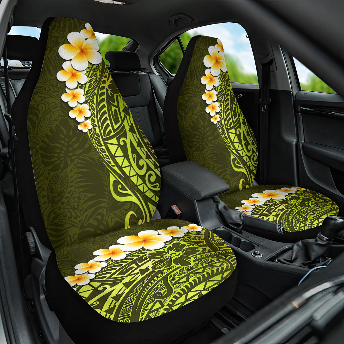 Lime Green Tropical Plumeria With Galaxy Polynesian Art Car Seat Cover - Wonder Print Shop