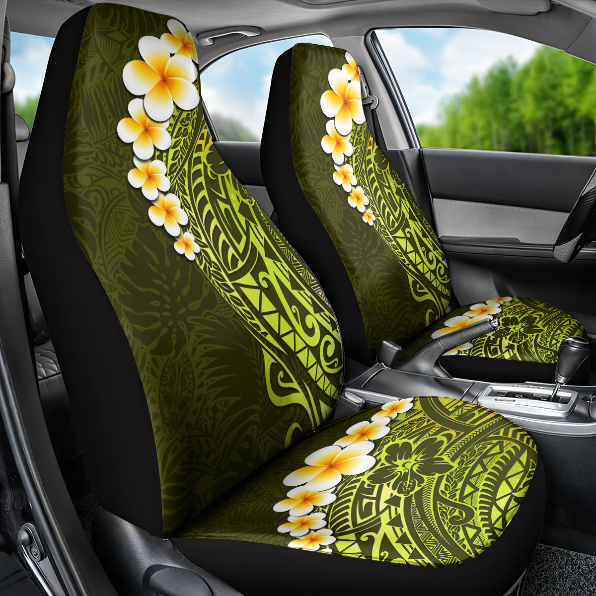 Lime Green Tropical Plumeria With Galaxy Polynesian Art Car Seat Cover - Wonder Print Shop