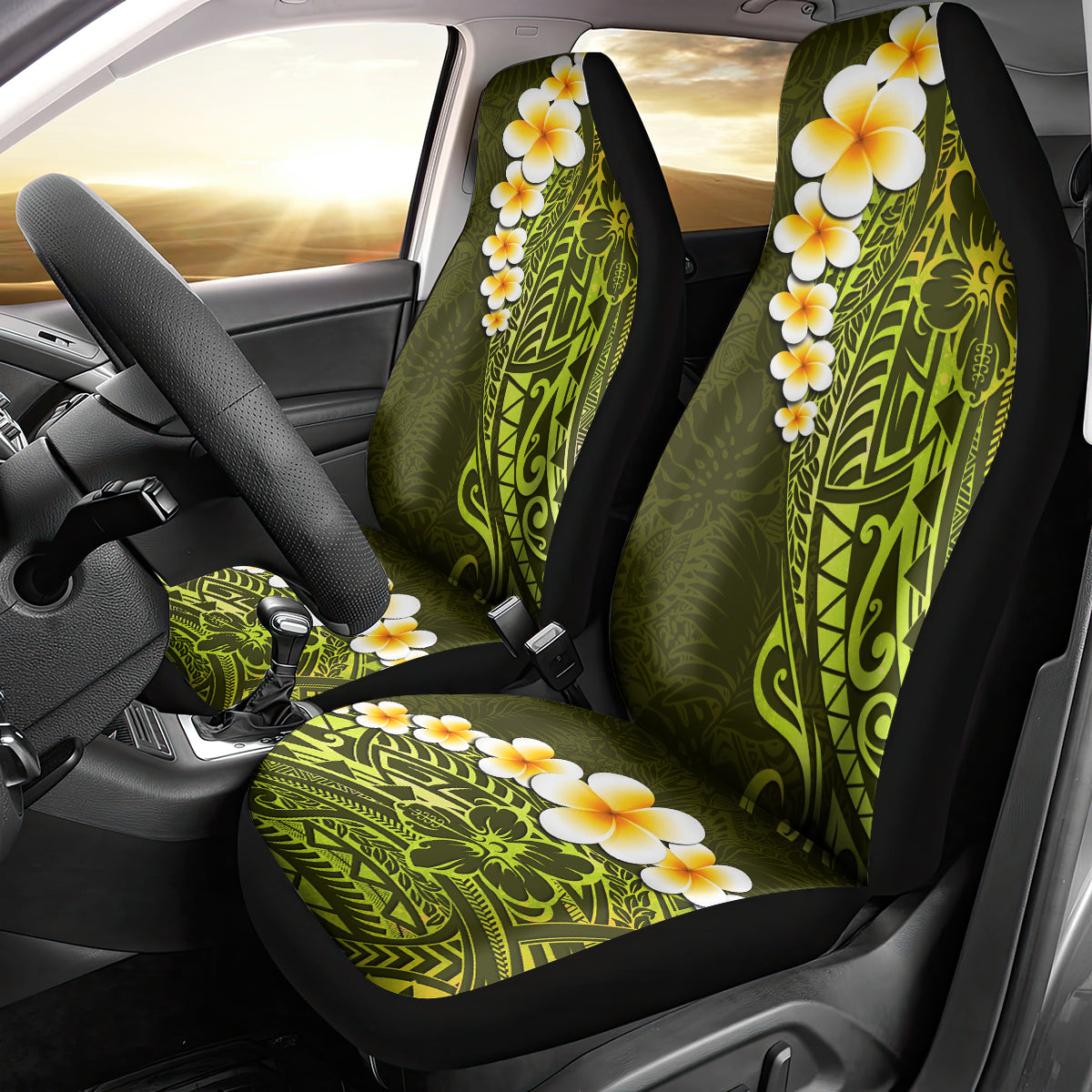 Lime Green Tropical Plumeria With Galaxy Polynesian Art Car Seat Cover - Wonder Print Shop