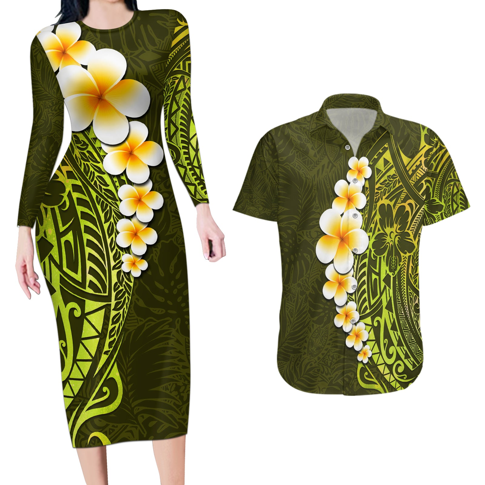 Lime Green Tropical Plumeria With Galaxy Polynesian Art Couples Matching Long Sleeve Bodycon Dress and Hawaiian Shirt - Wonder Print Shop