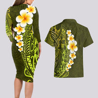 Lime Green Tropical Plumeria With Galaxy Polynesian Art Couples Matching Long Sleeve Bodycon Dress and Hawaiian Shirt - Wonder Print Shop