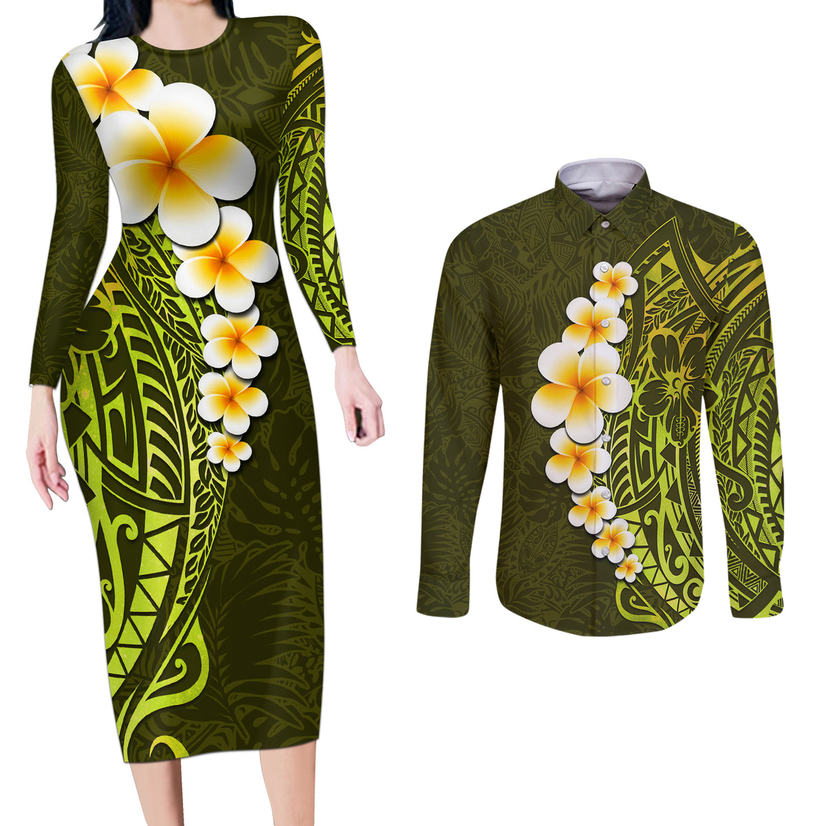 Lime Green Tropical Plumeria With Galaxy Polynesian Art Couples Matching Long Sleeve Bodycon Dress and Long Sleeve Button Shirt - Wonder Print Shop