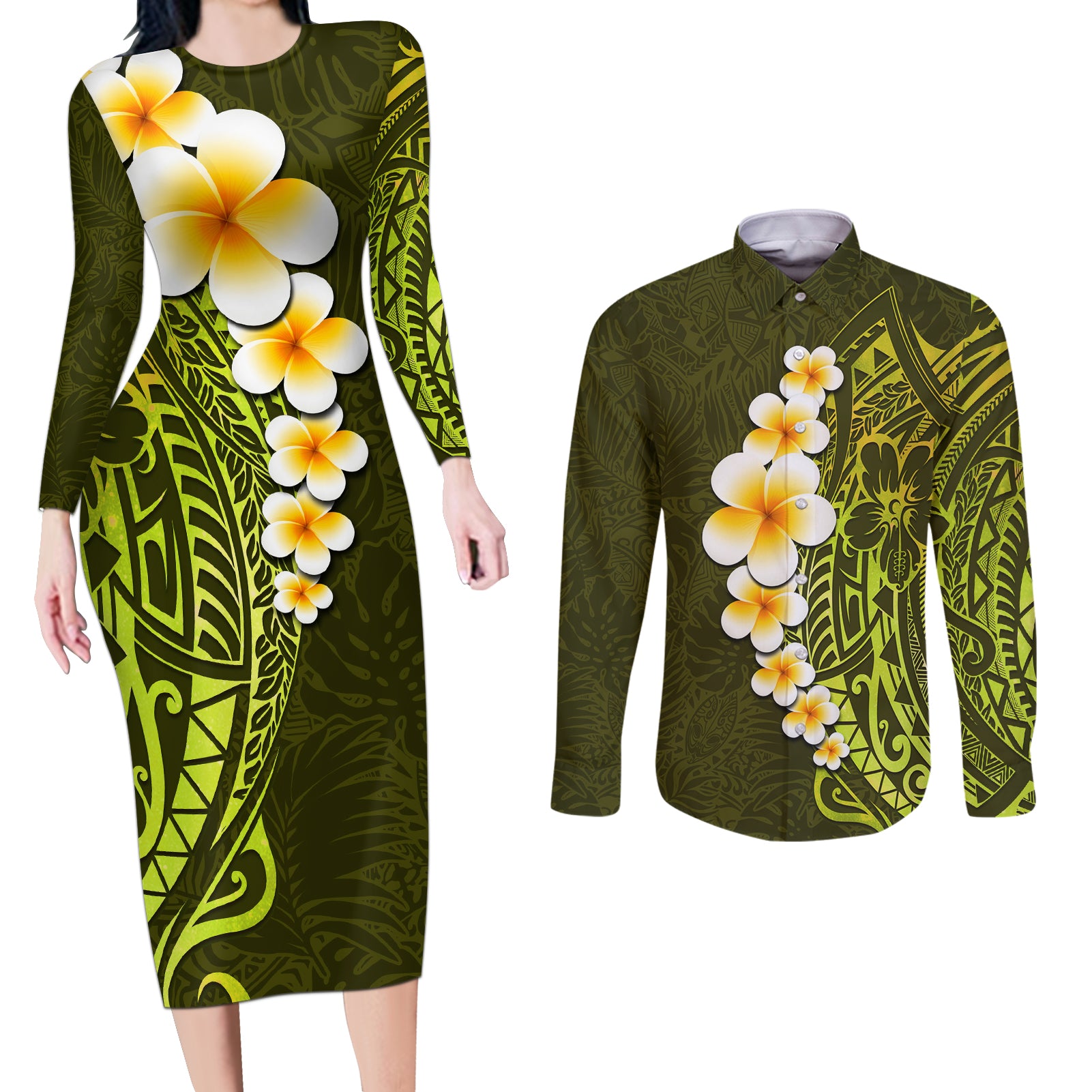 Lime Green Tropical Plumeria With Galaxy Polynesian Art Couples Matching Long Sleeve Bodycon Dress and Long Sleeve Button Shirt - Wonder Print Shop