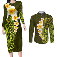 Lime Green Tropical Plumeria With Galaxy Polynesian Art Couples Matching Long Sleeve Bodycon Dress and Long Sleeve Button Shirt - Wonder Print Shop