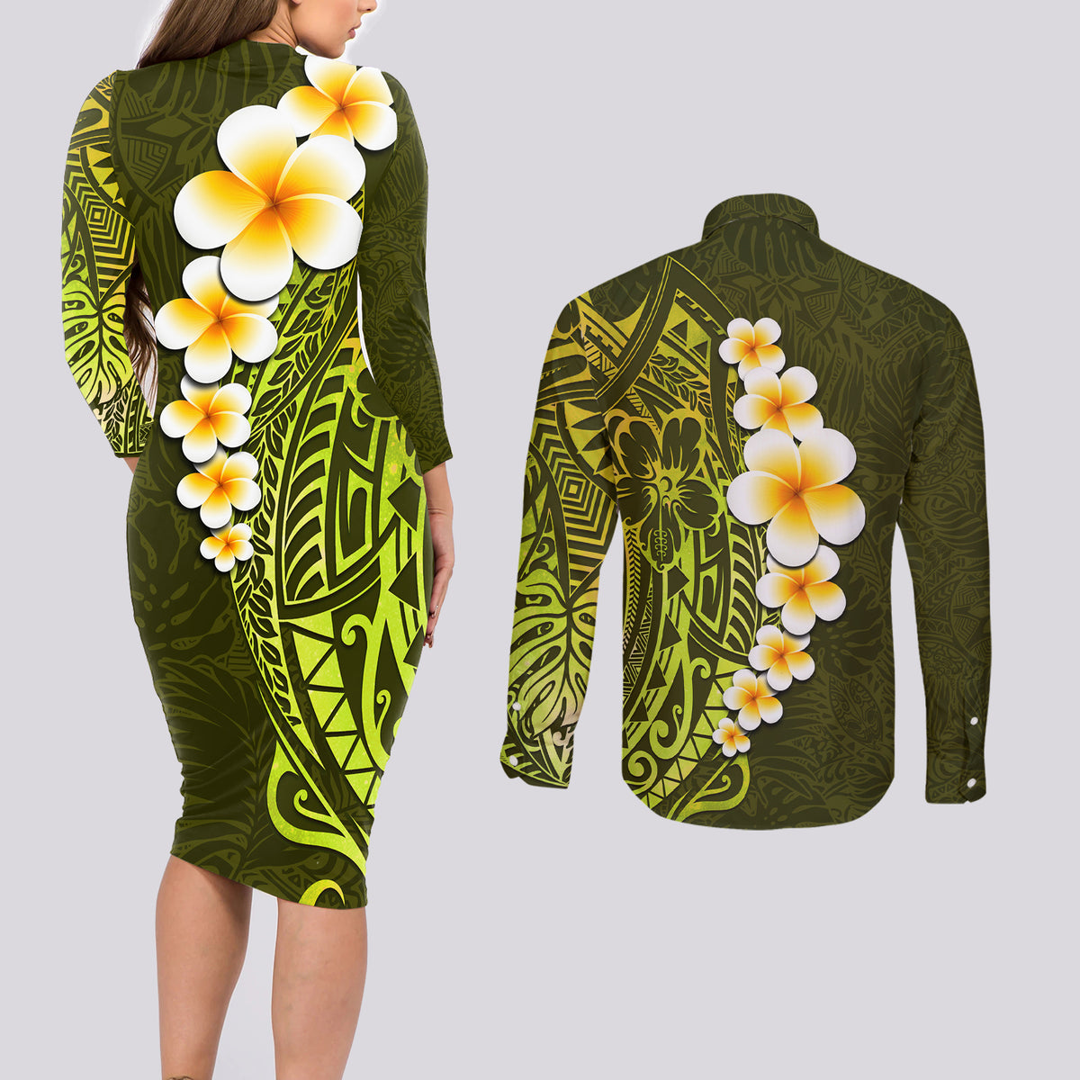 Lime Green Tropical Plumeria With Galaxy Polynesian Art Couples Matching Long Sleeve Bodycon Dress and Long Sleeve Button Shirt - Wonder Print Shop