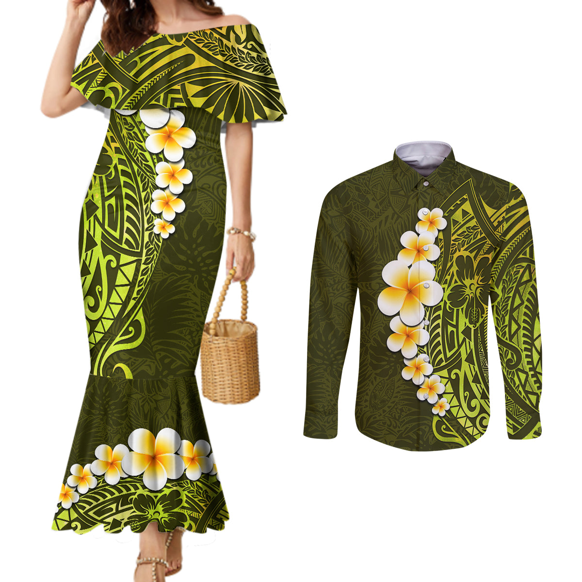 lime-green-tropical-plumeria-with-galaxy-polynesian-art-couples-matching-mermaid-dress-and-long-sleeve-button-shirt