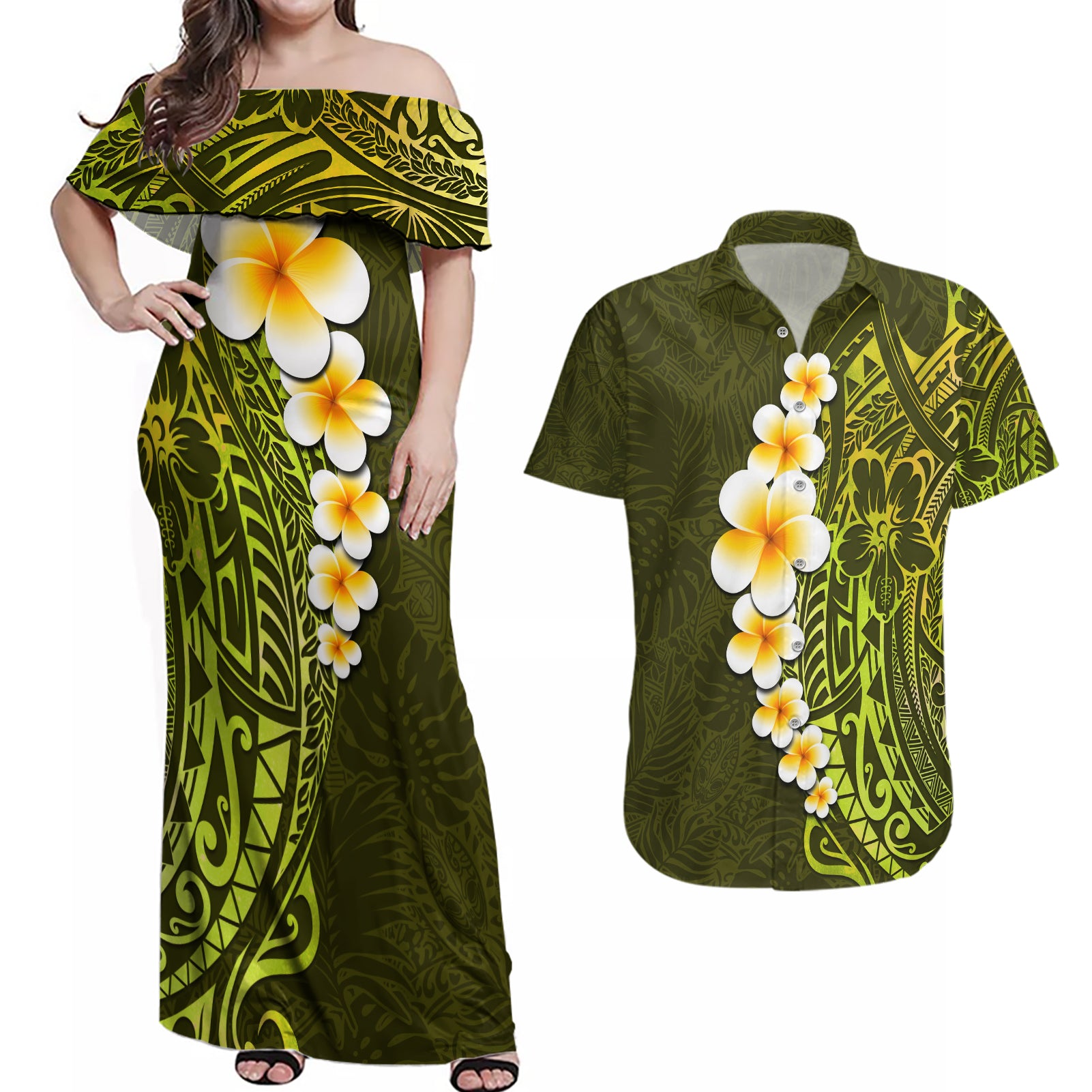 Lime Green Tropical Plumeria With Galaxy Polynesian Art Couples Matching Off Shoulder Maxi Dress and Hawaiian Shirt - Wonder Print Shop