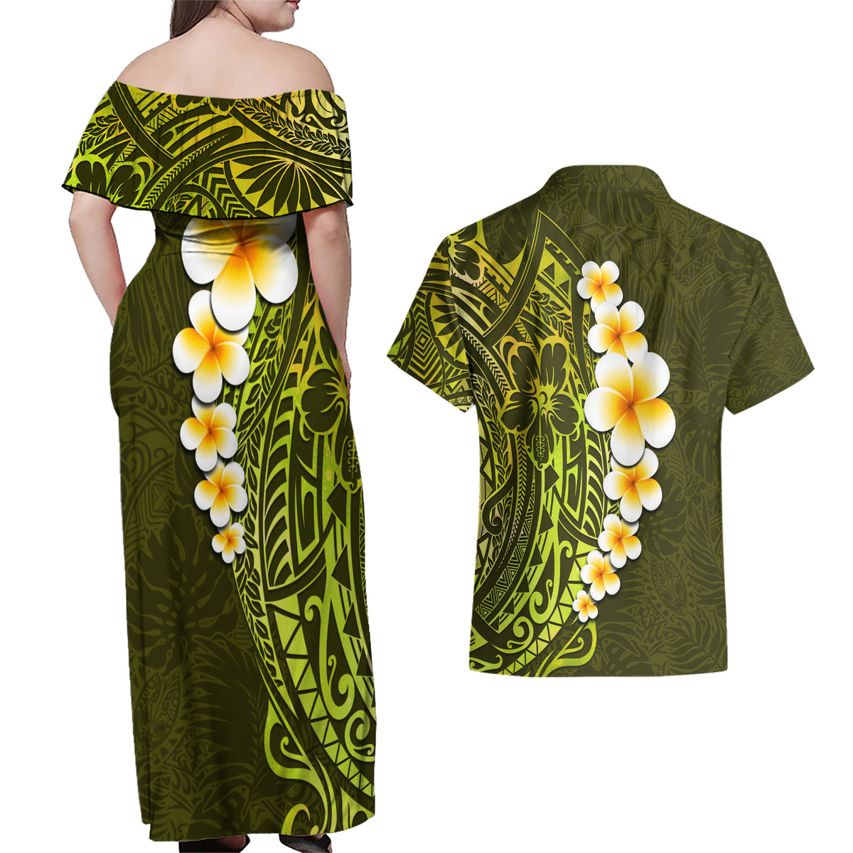 Lime Green Tropical Plumeria With Galaxy Polynesian Art Couples Matching Off Shoulder Maxi Dress and Hawaiian Shirt - Wonder Print Shop