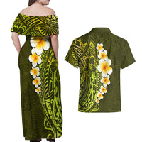 Lime Green Tropical Plumeria With Galaxy Polynesian Art Couples Matching Off Shoulder Maxi Dress and Hawaiian Shirt - Wonder Print Shop