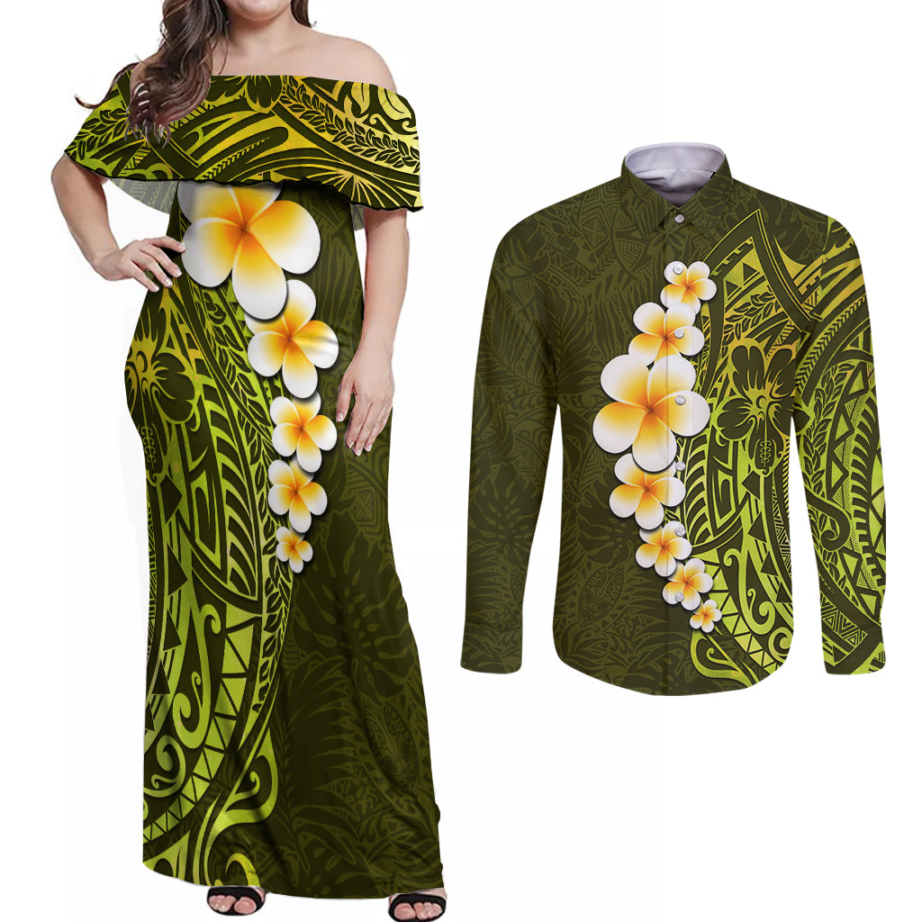 Lime Green Tropical Plumeria With Galaxy Polynesian Art Couples Matching Off Shoulder Maxi Dress and Long Sleeve Button Shirt - Wonder Print Shop