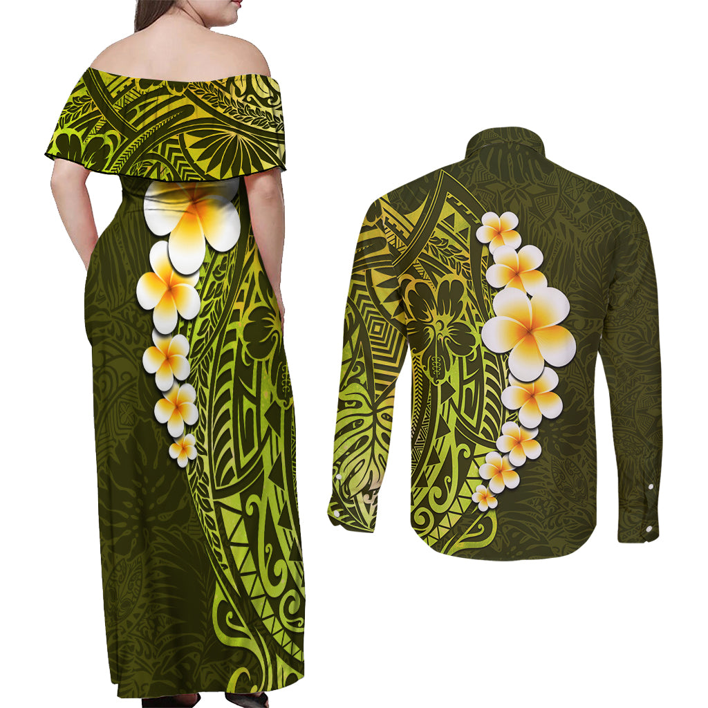 Lime Green Tropical Plumeria With Galaxy Polynesian Art Couples Matching Off Shoulder Maxi Dress and Long Sleeve Button Shirt - Wonder Print Shop