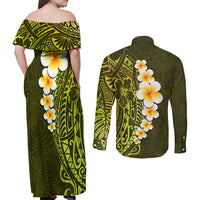 Lime Green Tropical Plumeria With Galaxy Polynesian Art Couples Matching Off Shoulder Maxi Dress and Long Sleeve Button Shirt - Wonder Print Shop