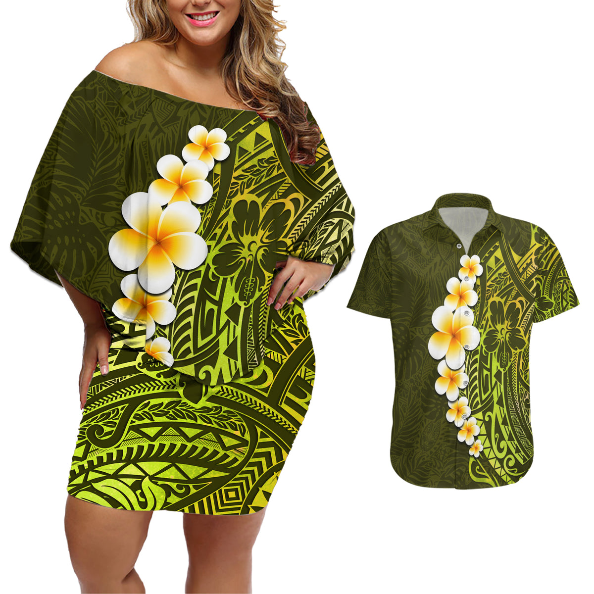 Lime Green Tropical Plumeria With Galaxy Polynesian Art Couples Matching Off Shoulder Short Dress and Hawaiian Shirt - Wonder Print Shop