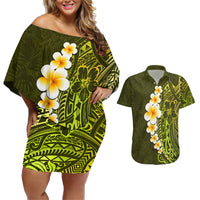 Lime Green Tropical Plumeria With Galaxy Polynesian Art Couples Matching Off Shoulder Short Dress and Hawaiian Shirt - Wonder Print Shop