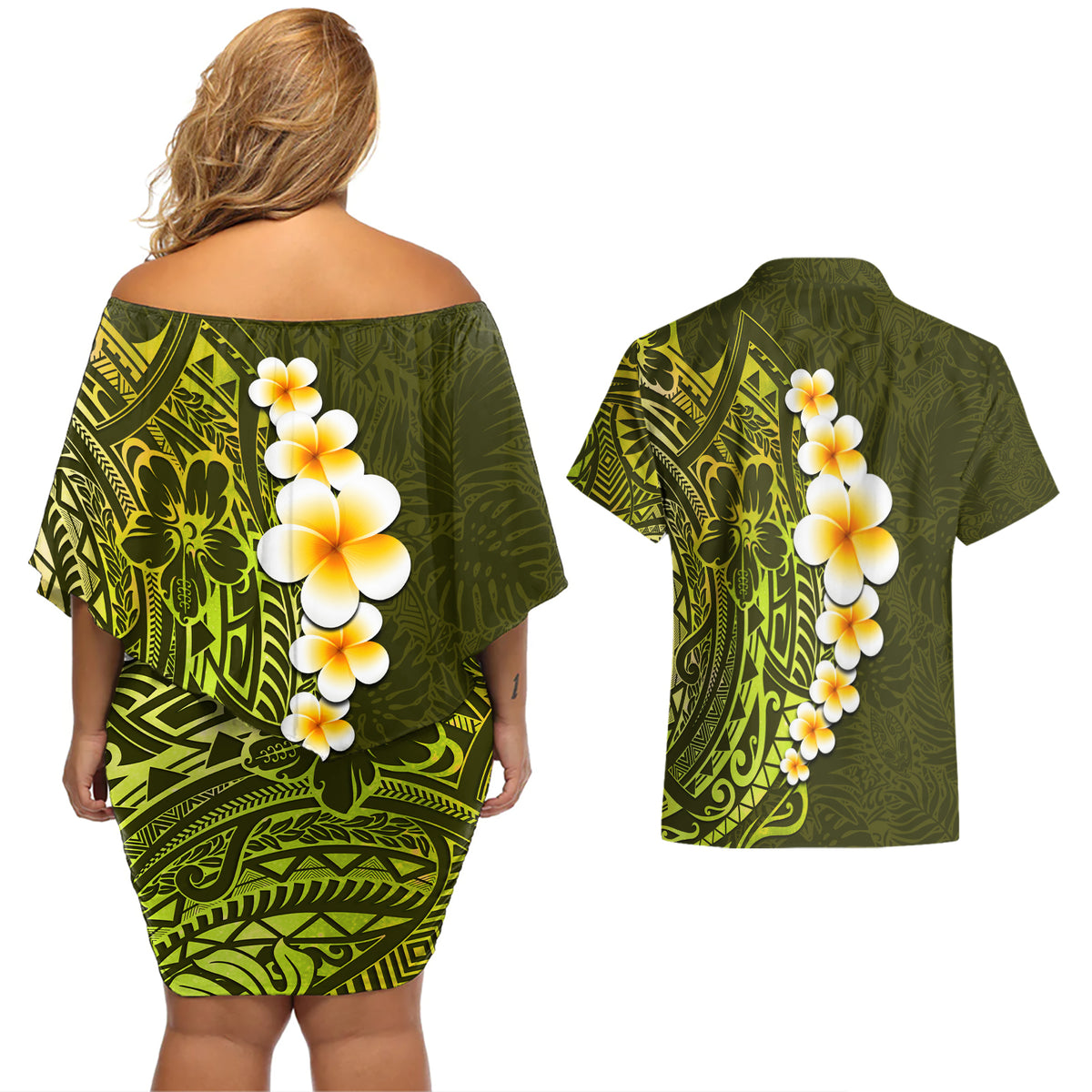 Lime Green Tropical Plumeria With Galaxy Polynesian Art Couples Matching Off Shoulder Short Dress and Hawaiian Shirt - Wonder Print Shop