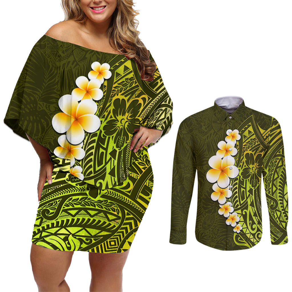 Lime Green Tropical Plumeria With Galaxy Polynesian Art Couples Matching Off Shoulder Short Dress and Long Sleeve Button Shirt - Wonder Print Shop
