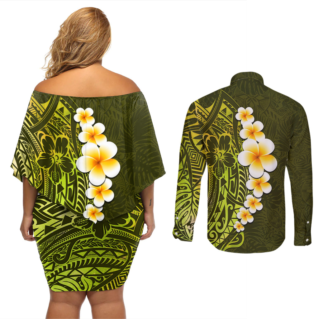 Lime Green Tropical Plumeria With Galaxy Polynesian Art Couples Matching Off Shoulder Short Dress and Long Sleeve Button Shirt - Wonder Print Shop