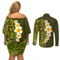 Lime Green Tropical Plumeria With Galaxy Polynesian Art Couples Matching Off Shoulder Short Dress and Long Sleeve Button Shirt - Wonder Print Shop