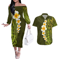 Lime Green Tropical Plumeria With Galaxy Polynesian Art Couples Matching Off The Shoulder Long Sleeve Dress and Hawaiian Shirt - Wonder Print Shop