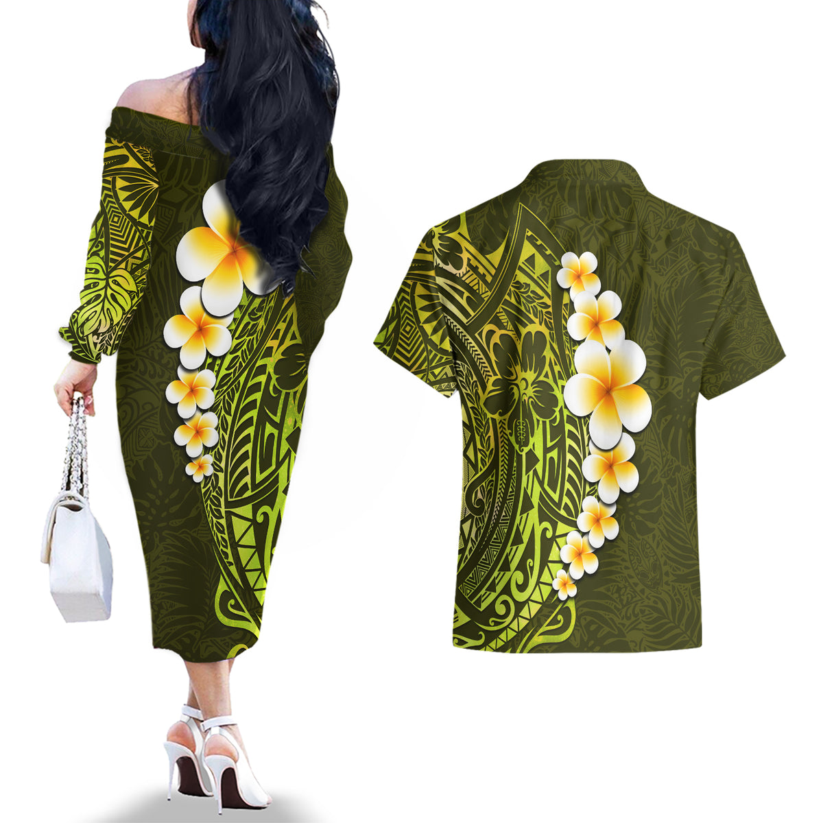Lime Green Tropical Plumeria With Galaxy Polynesian Art Couples Matching Off The Shoulder Long Sleeve Dress and Hawaiian Shirt - Wonder Print Shop