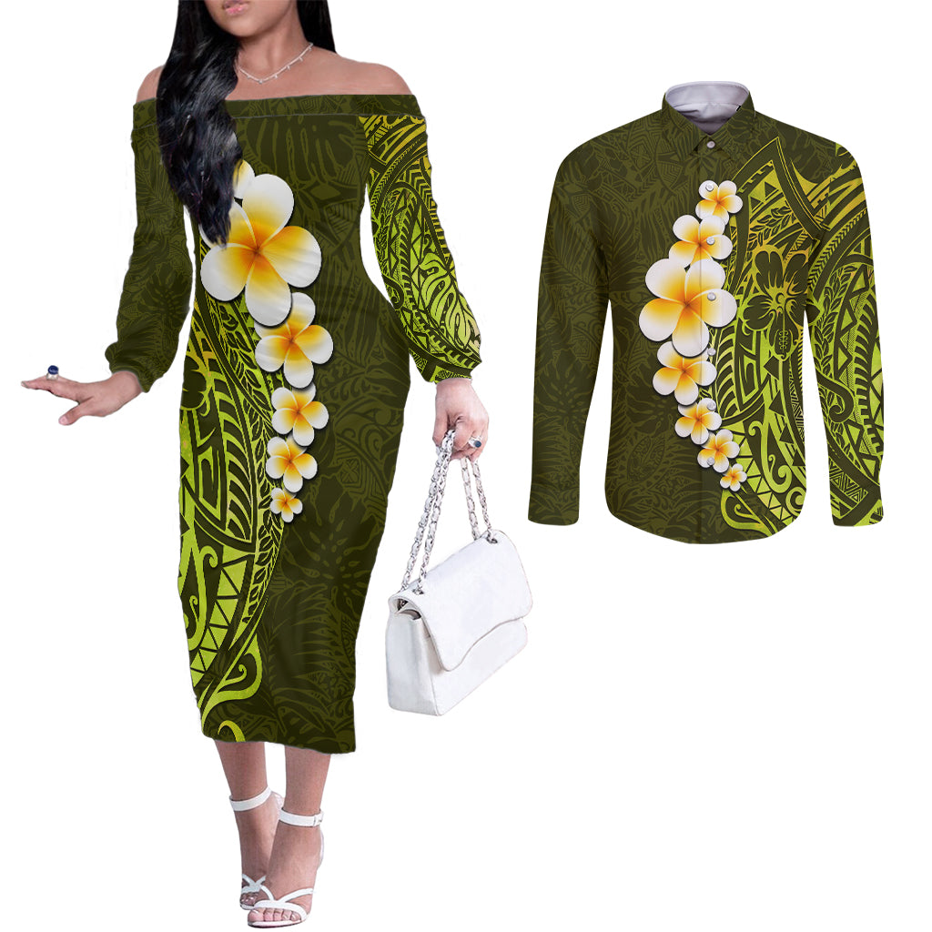 lime-green-tropical-plumeria-with-galaxy-polynesian-art-couples-matching-off-the-shoulder-long-sleeve-dress-and-long-sleeve-button-shirt