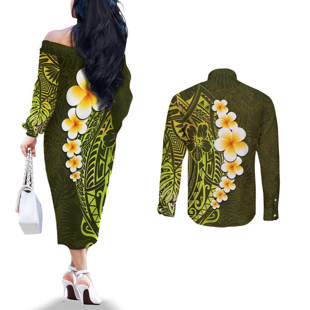 lime-green-tropical-plumeria-with-galaxy-polynesian-art-couples-matching-off-the-shoulder-long-sleeve-dress-and-long-sleeve-button-shirt