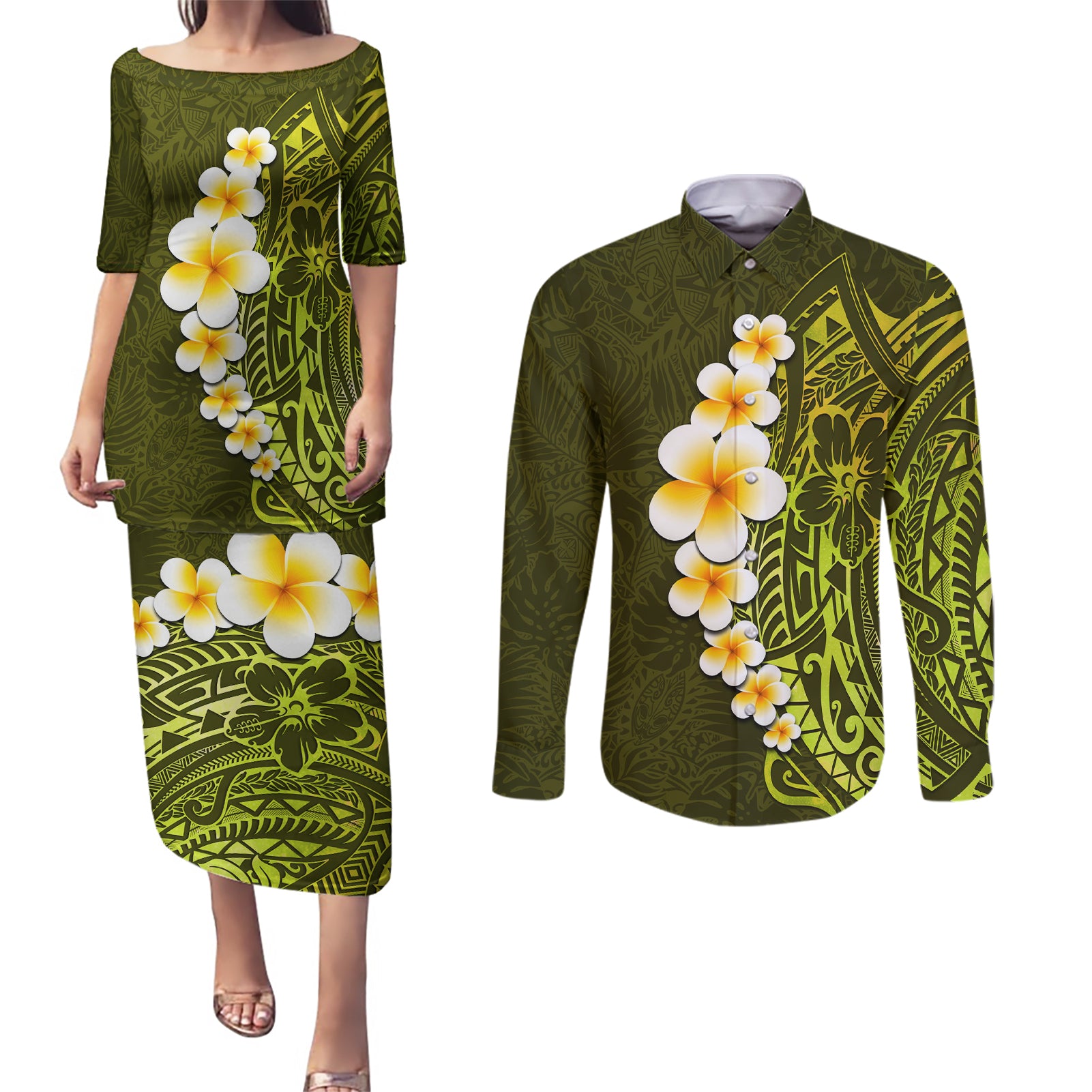 Lime Green Tropical Plumeria With Galaxy Polynesian Art Couples Matching Puletasi Dress and Long Sleeve Button Shirt - Wonder Print Shop