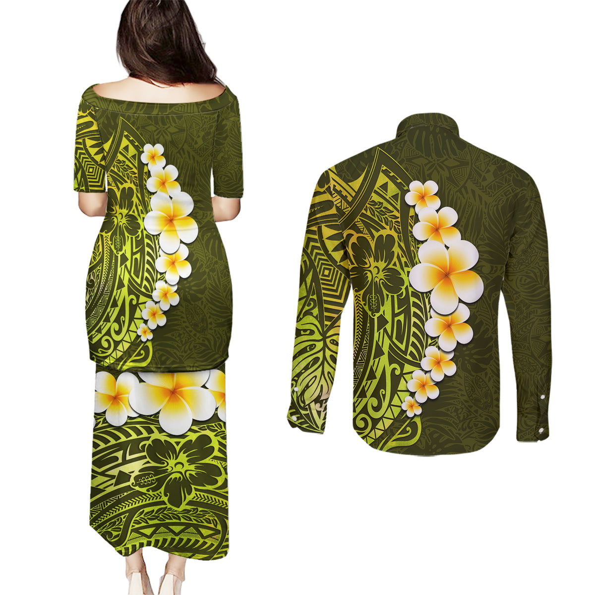 Lime Green Tropical Plumeria With Galaxy Polynesian Art Couples Matching Puletasi Dress and Long Sleeve Button Shirt - Wonder Print Shop