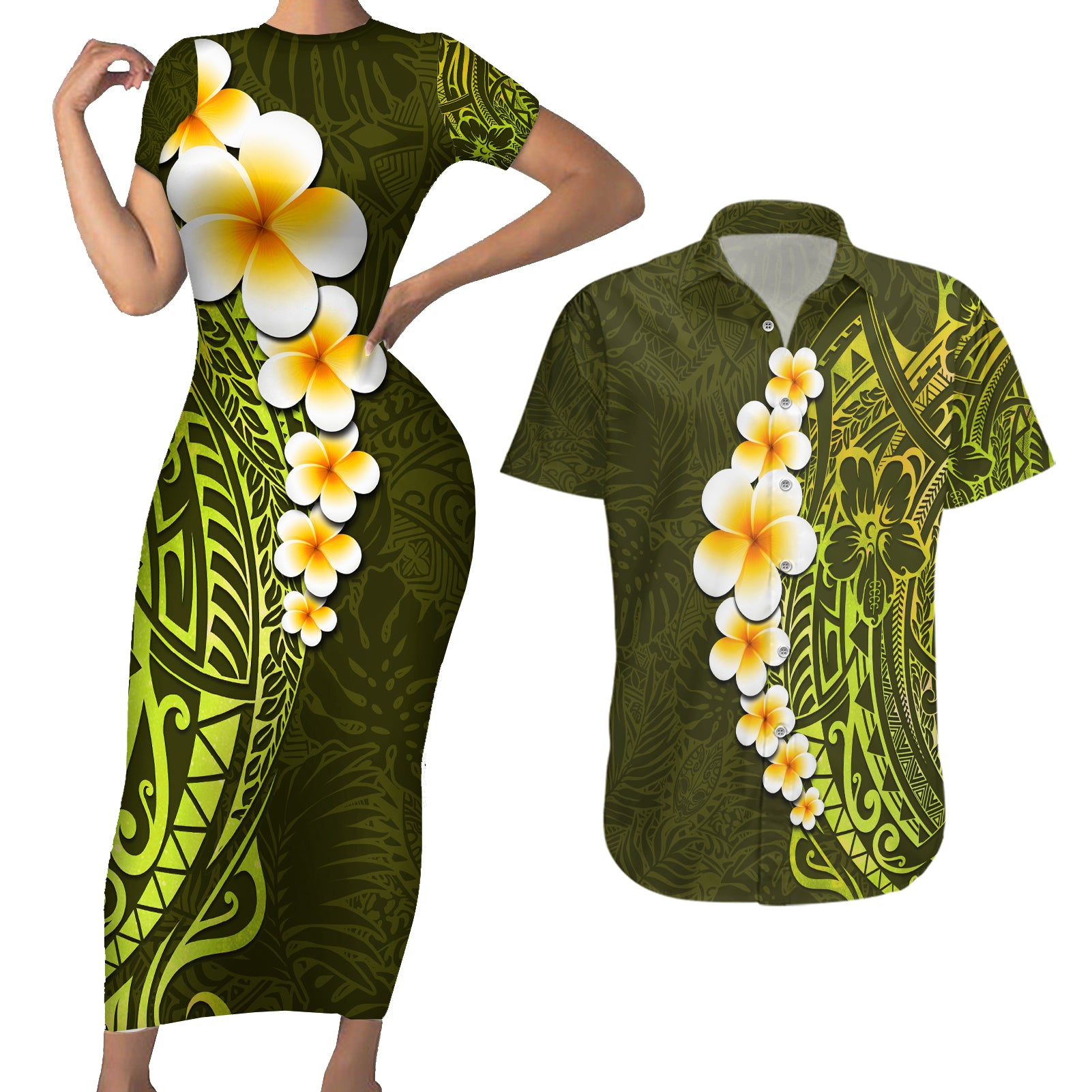 Lime Green Tropical Plumeria With Galaxy Polynesian Art Couples Matching Short Sleeve Bodycon Dress and Hawaiian Shirt - Wonder Print Shop
