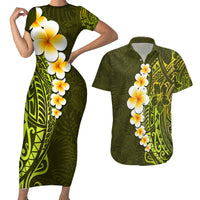 Lime Green Tropical Plumeria With Galaxy Polynesian Art Couples Matching Short Sleeve Bodycon Dress and Hawaiian Shirt - Wonder Print Shop