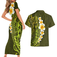 Lime Green Tropical Plumeria With Galaxy Polynesian Art Couples Matching Short Sleeve Bodycon Dress and Hawaiian Shirt - Wonder Print Shop