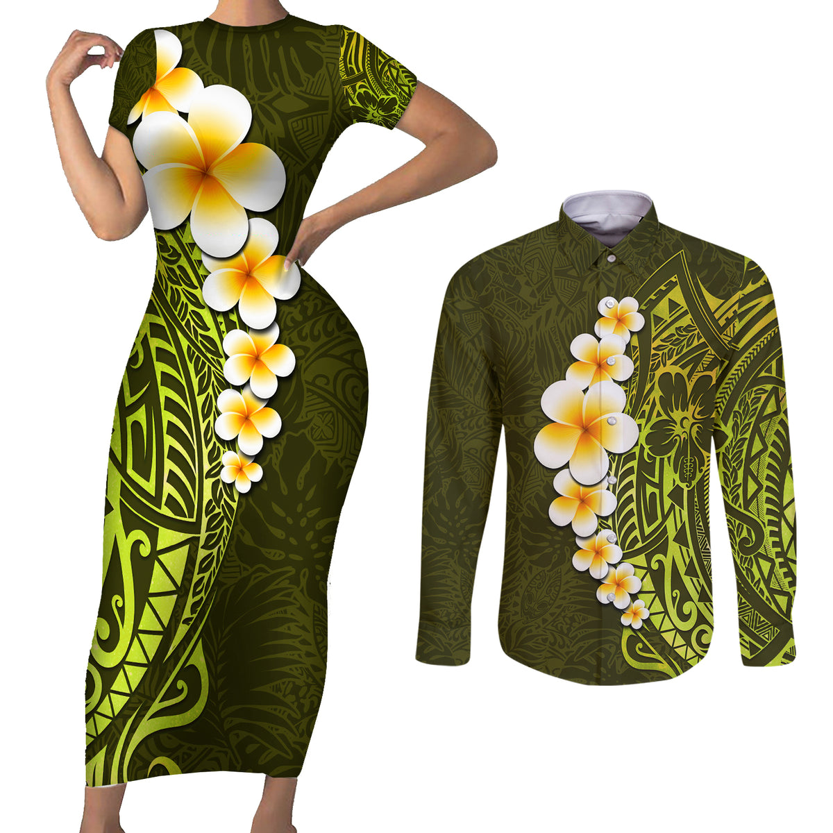 Lime Green Tropical Plumeria With Galaxy Polynesian Art Couples Matching Short Sleeve Bodycon Dress and Long Sleeve Button Shirt - Wonder Print Shop