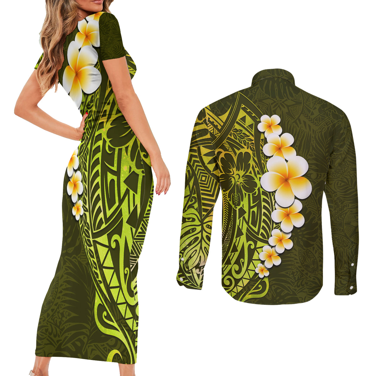 Lime Green Tropical Plumeria With Galaxy Polynesian Art Couples Matching Short Sleeve Bodycon Dress and Long Sleeve Button Shirt - Wonder Print Shop