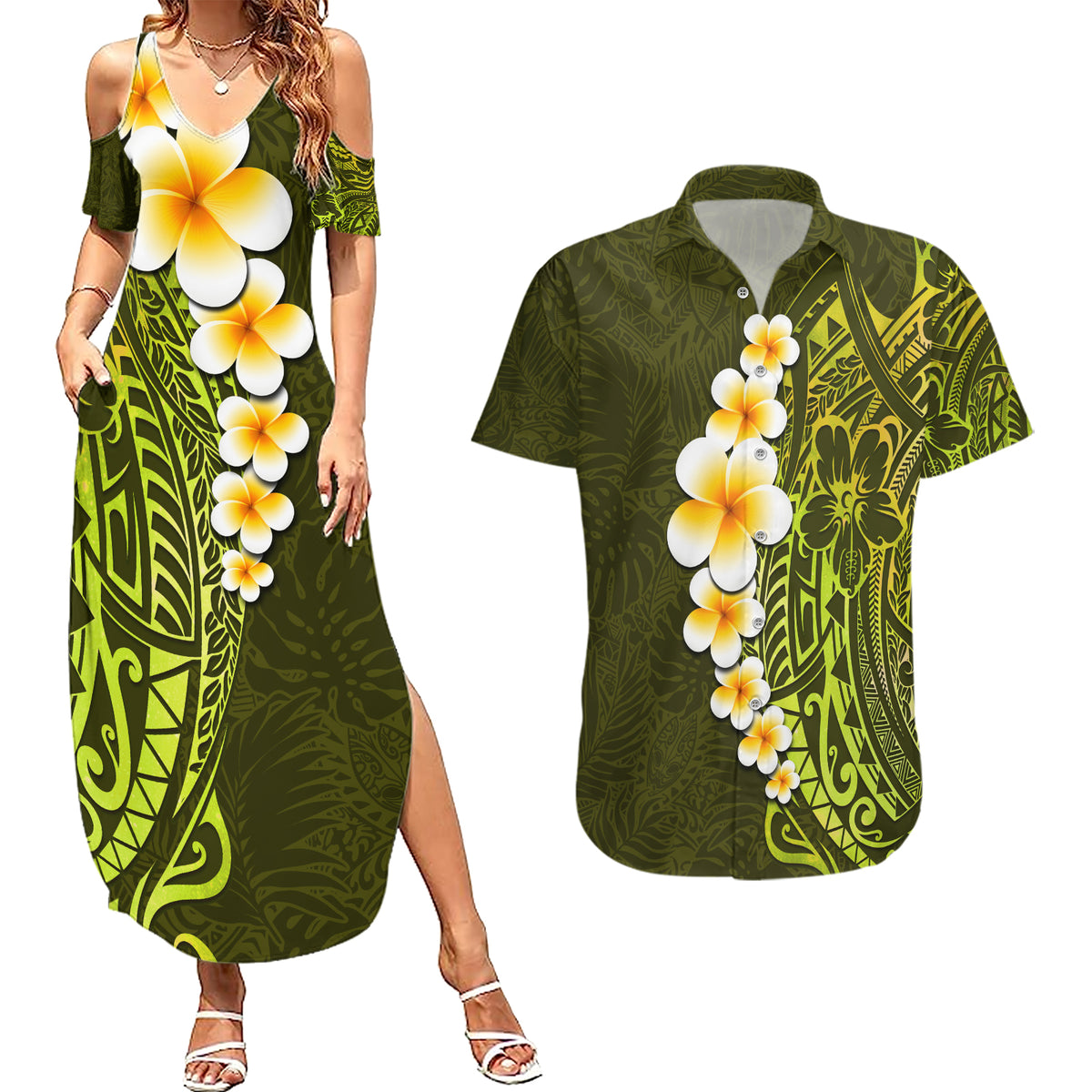 Lime Green Tropical Plumeria With Galaxy Polynesian Art Couples Matching Summer Maxi Dress and Hawaiian Shirt - Wonder Print Shop